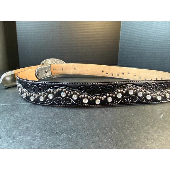 Tony Lama Black Leather Rhinestone Belt Size 38 C50493 main image 6